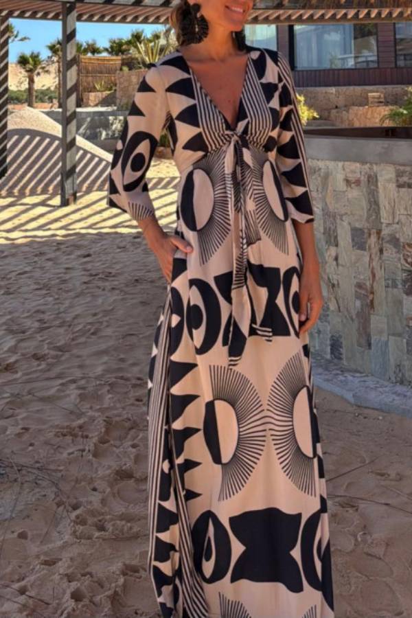 Unique Print V-neck Tie Loose Pocket Maxi Dress