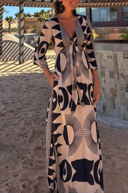 Unique Print V-neck Tie Loose Pocket Maxi Dress