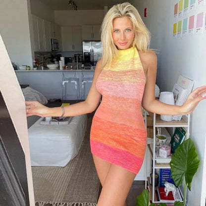 Summer Dress for Knitting Halter Sleeveless Bodycon Mini Dresses Y2k Backless Beach Dress Short