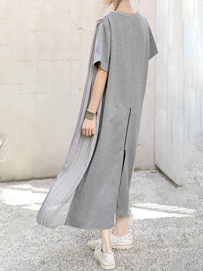 Loose Short Sleeves Pleated Color Split-joint Round-neck Midi Dresses