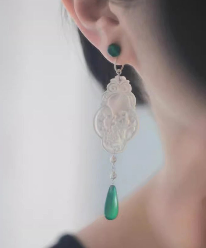 Green Copper Jade Flowers and Birds Water Droplet Drop Earrings