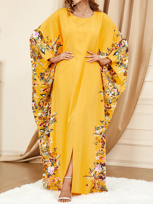 Batwing Sleeves Loose Muslim Printed Split-front Round-neck Maxi Dresses