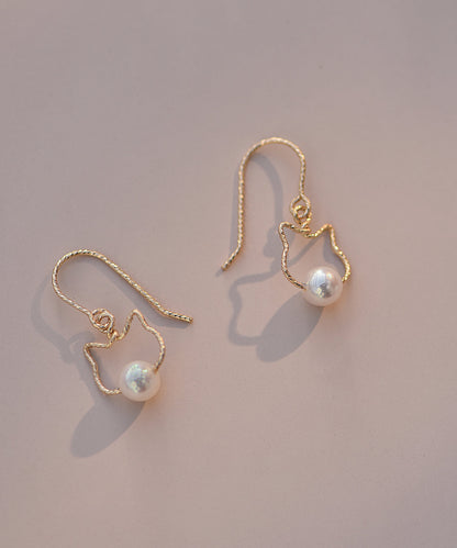 New Gold Alloy Pearl Little Cat Drop Earrings