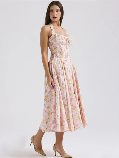 Print A-line Midi Dress for Halter Sleeveless Backless Loose Printed Long Dress New