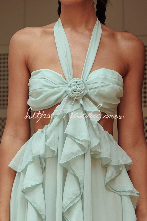 Vacation Halter Rose Detail Cut Out Ruffles Backless Maxi Dress