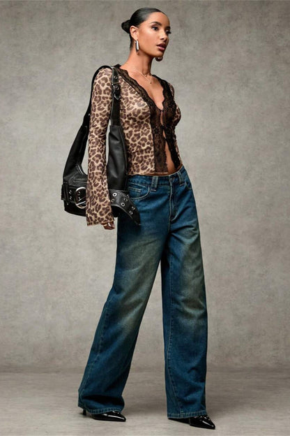 Leopard Print Lace-paneled Blouse