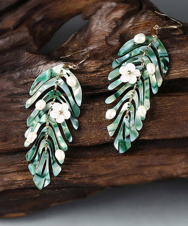 Green Copper Pearl Shell Flower Asymmetricar Leaf Drop Earrings