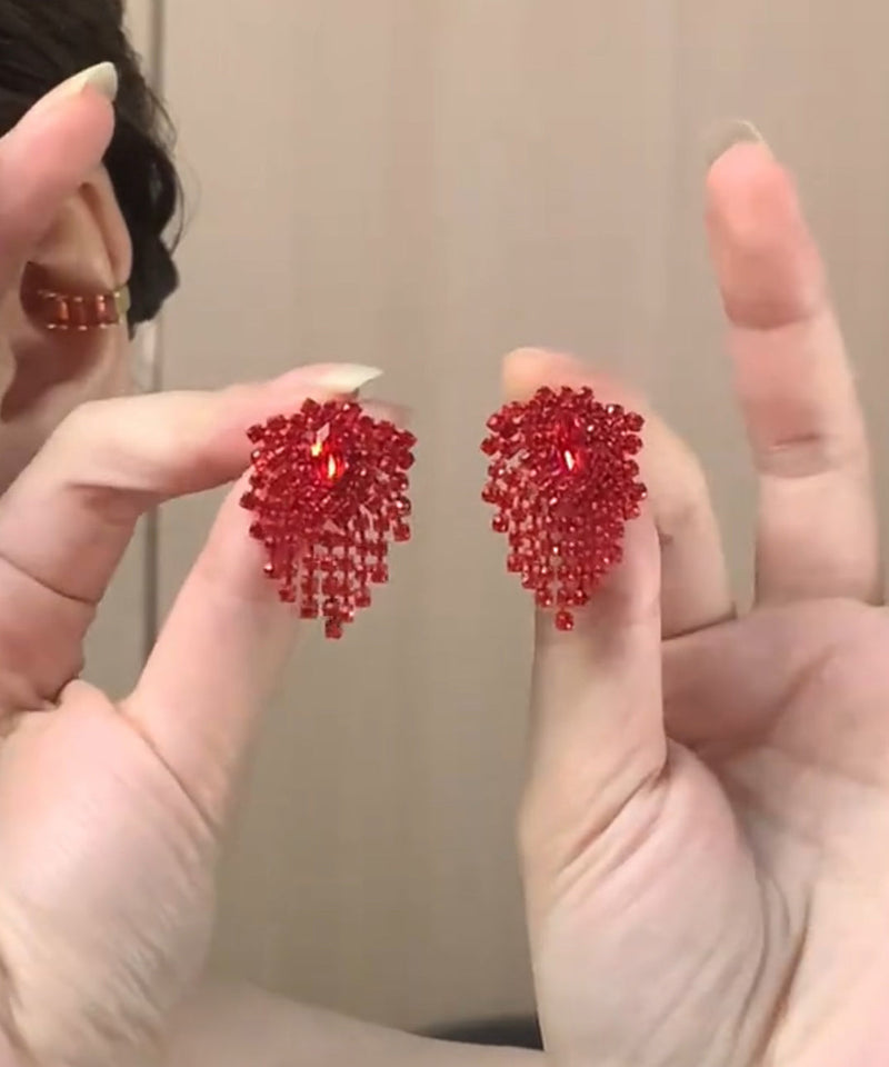 Stylish Red Alloy Zircon Tassel Stud Earrings