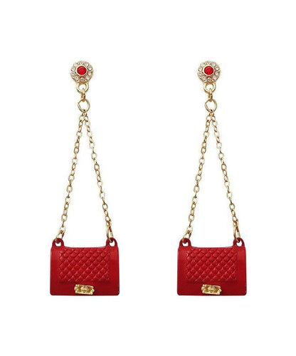 Handmade Red Handbag Zircon Tassel Metal Stud Earrings