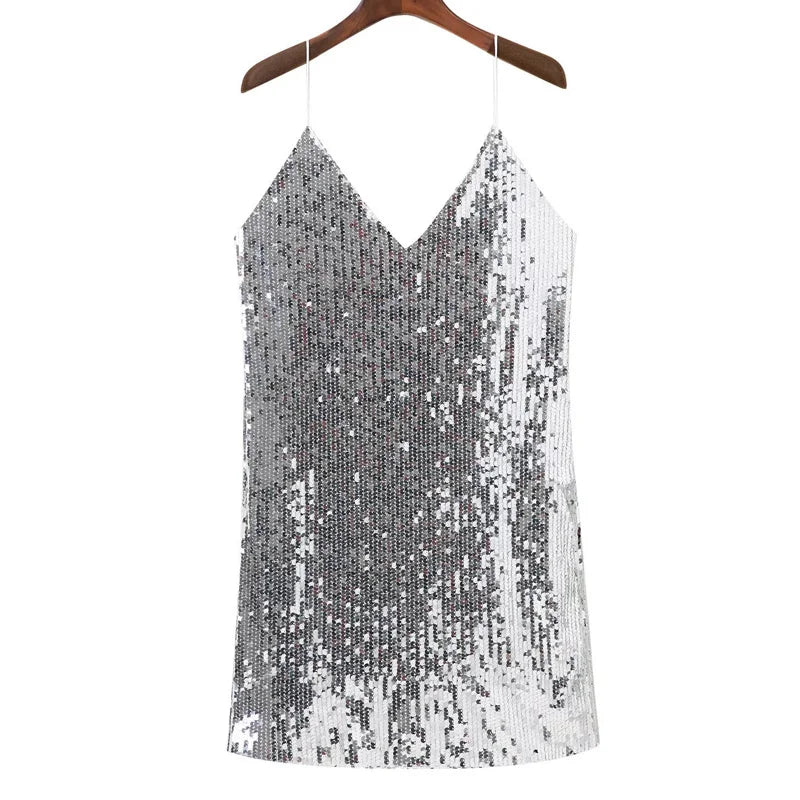 Deep V Neck Autumn Silver Sequined Backless Dress Off Shoulder Mini Dress Christmas Party Club Strap Dresses Vestidos
