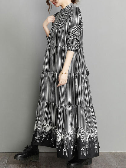 Loose Striped Buttoned Stand Collar Long Sleeves Midi Dress