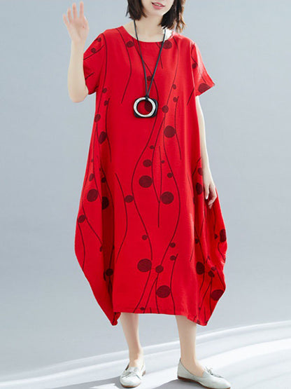Loose Short Sleeves Printed Round-neck Midi Dresses
