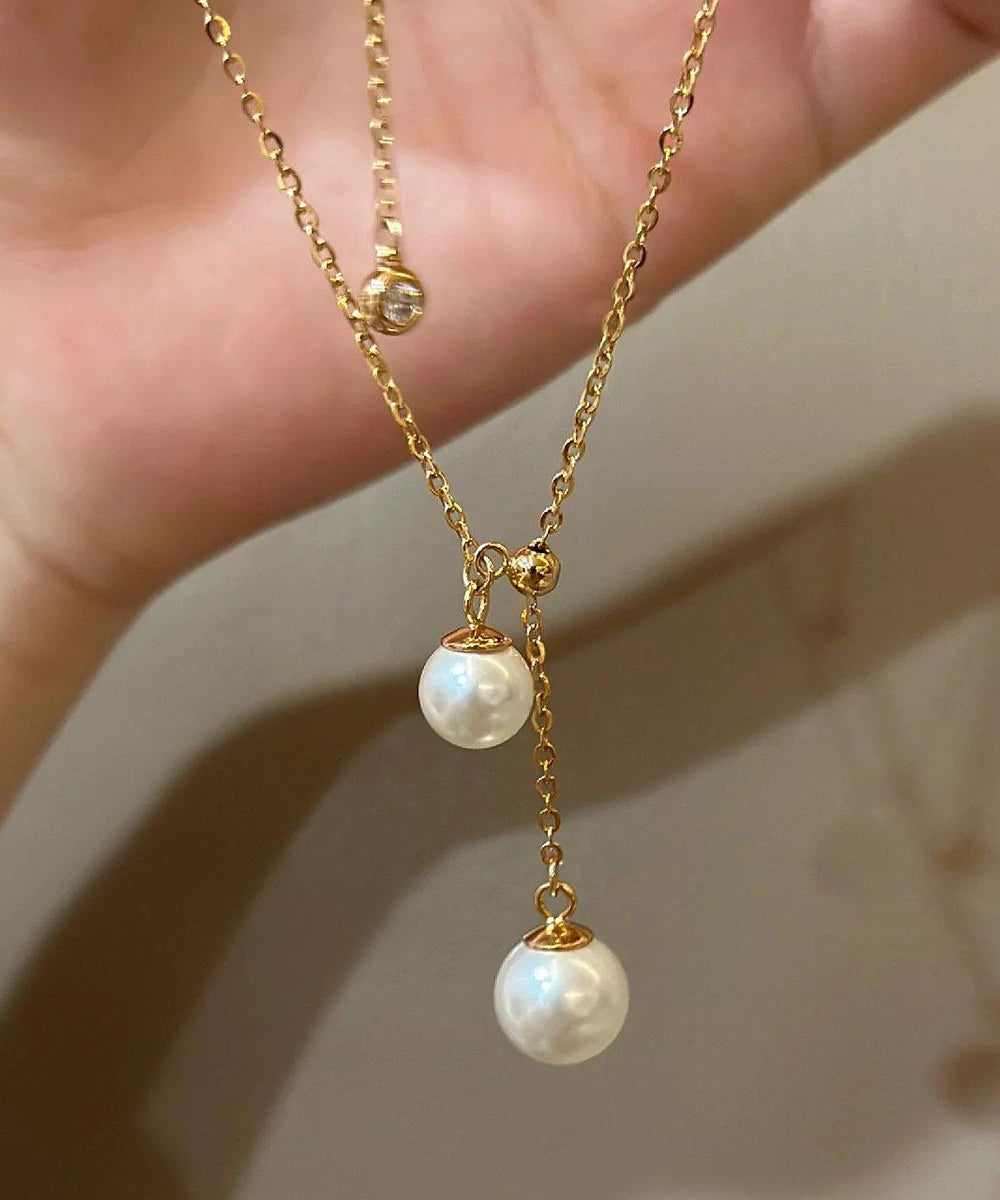 White Sterling Silver Overgild Pearl Tassel Pendant Necklace