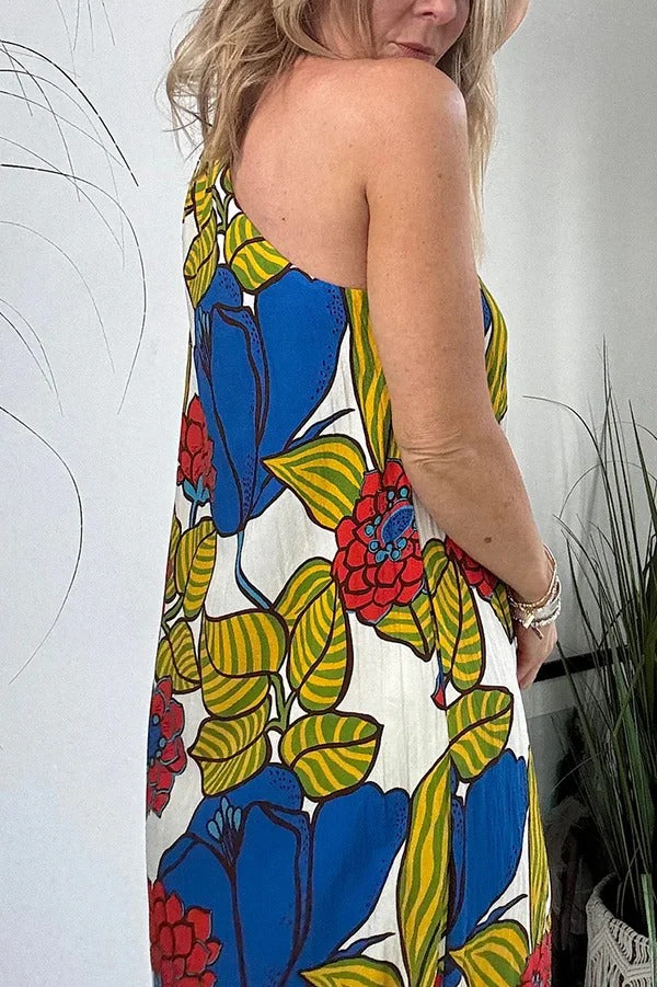 Unique Printed One Shoulder Pocketed Loose Maxi Dress