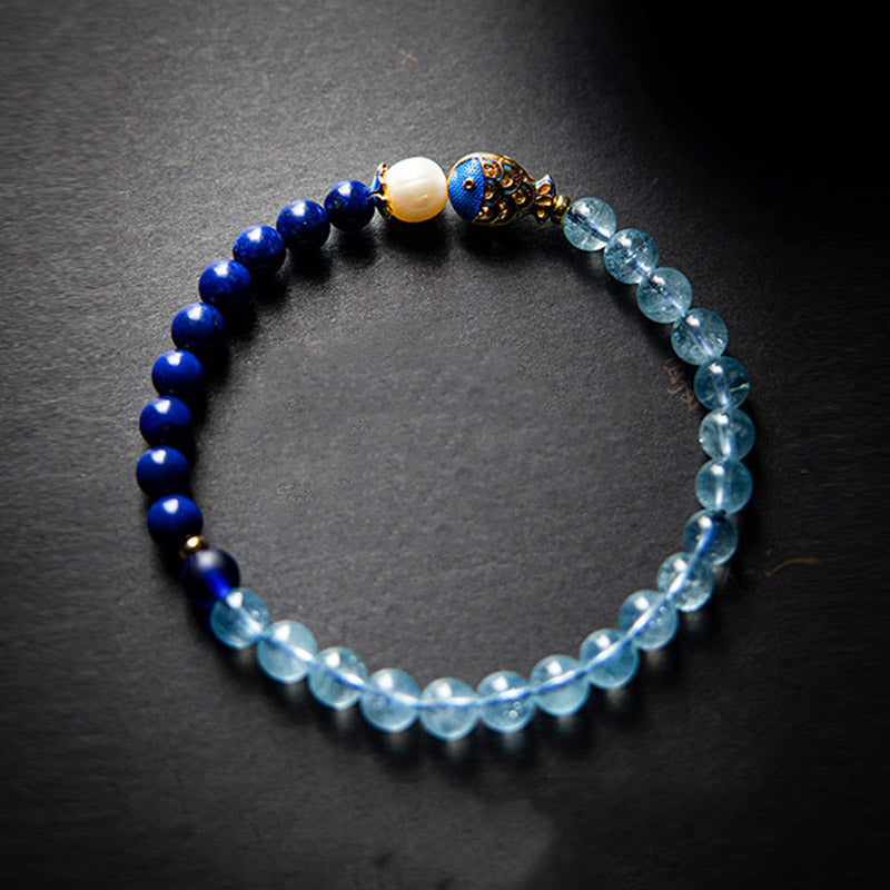 Buddha Stones Natural Aquamarine Lazurite Lapis Lazuli Fish Healing Bracelet