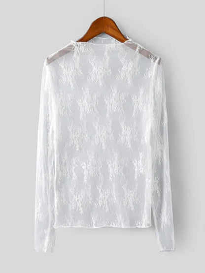 Summer Lace Embroidery Blouses Shirt Tops Mesh Blouses Transparent See-through Black Shirt