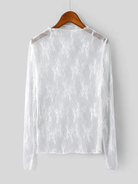 Summer Lace Embroidery Blouses Shirt Tops Mesh Blouses Transparent See-through Black Shirt