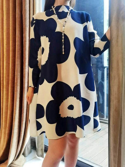 Long Sleeves Loose Flower Print Pleated Mock Neck Mini Dresses