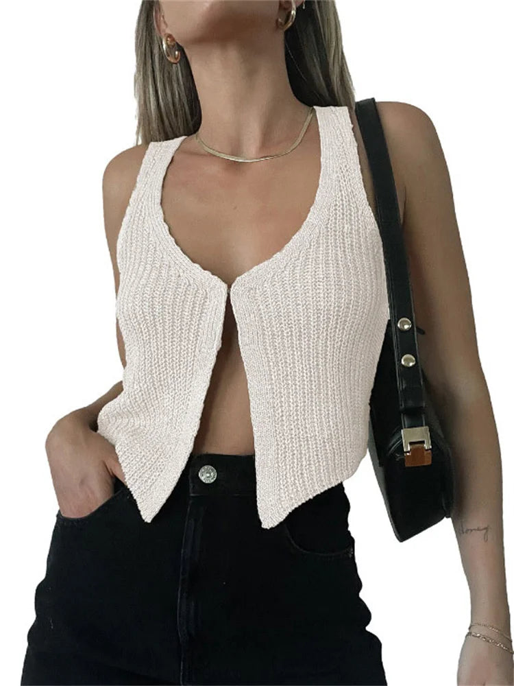 Backless Knit Slim Cardigan Y2k Top for Sleeveless Knitwear Coat Tank Top Patchwork Cardigan