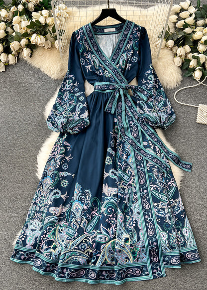 Retro Blackish Green Print Tie Waist Cotton Long Dress Fall