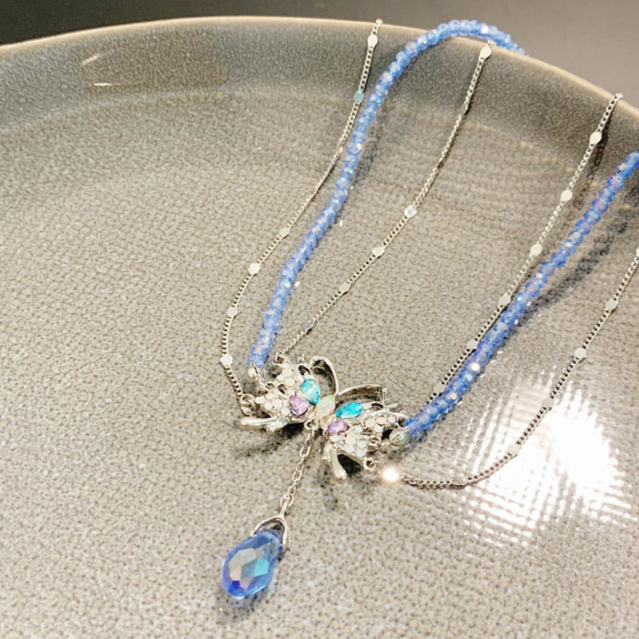 Baby Blue Copper Zircon Crystal Butterfly Water Drop Tassel Pendant Necklace