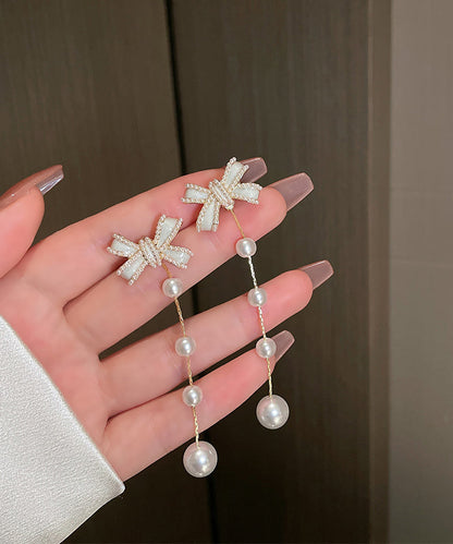 White Sterling Silver Alloy Bow Pearl Tassel Drop Earrings