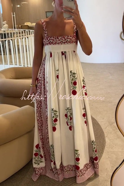 Botanical Print High Waisted Wide Hem Suspender Maxi Dress