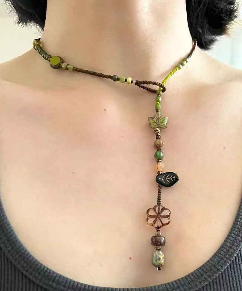 Green Hand Woven Beading Lariat Necklace