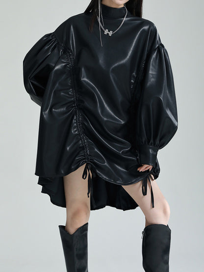 High-low Long Sleeves Drawstring Pleated Color Stand Collar Mini Dresses