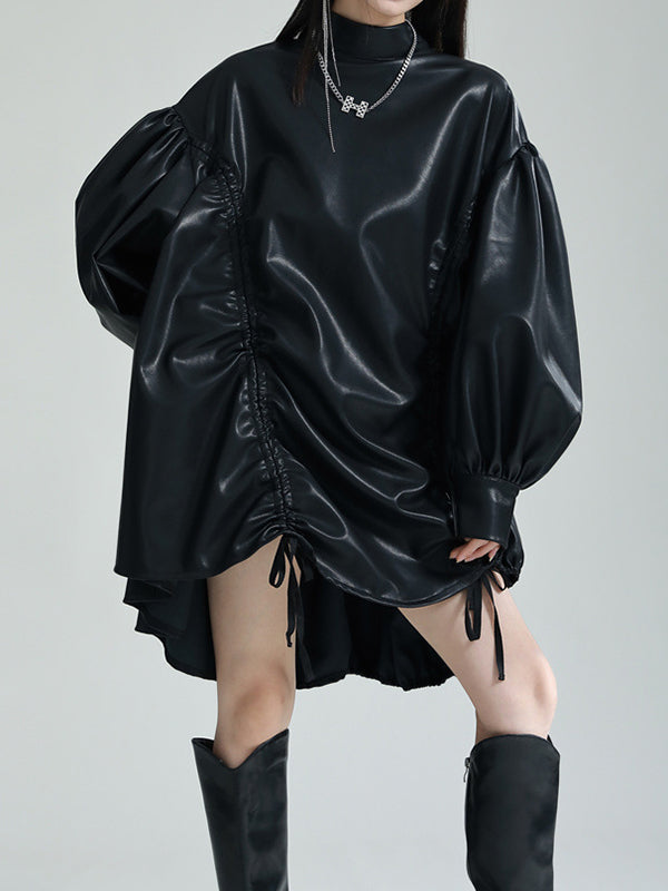 High-low Long Sleeves Drawstring Pleated Color Stand Collar Mini Dresses