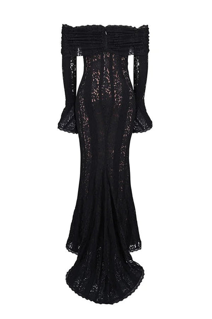 Lace Off Shoulder Flare Sleeve Fishtail Maxi Dresses-white
