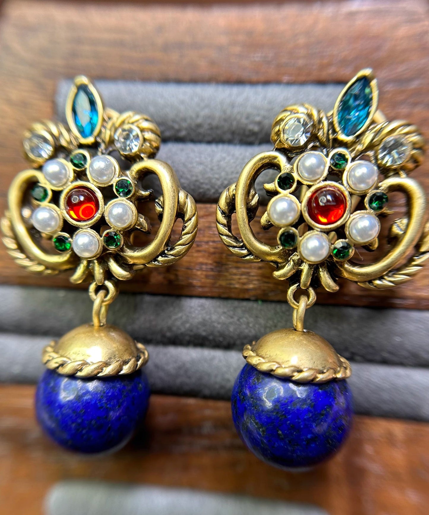 Boutique Blue Sterling Silver Overgild Fleur-de-lis Gem Stone Drop Earrings
