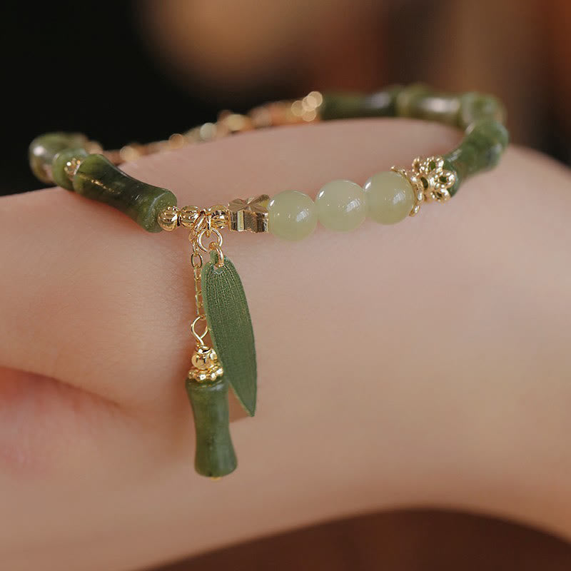 Buddha Stones Jade Bamboo Leaf Lily of the Valley Pattern Luck Abundance Bracelet