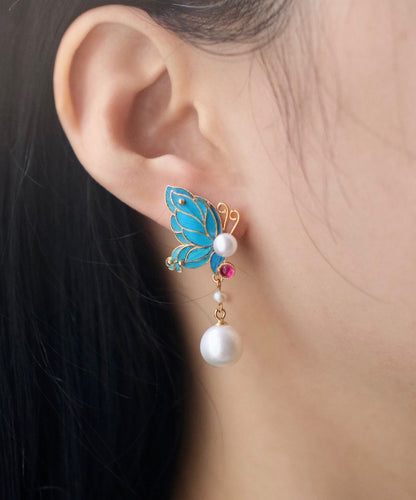 Blue Sterling Silver Overgild Pearl Butterfly Drop Earrings