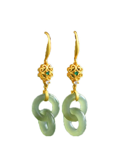 Light Green Sterling Silver Overgild Double Ring Jade Zircon Drop Earrings