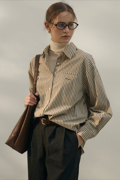 Color Block Stripe Collar Cotton Blouse
