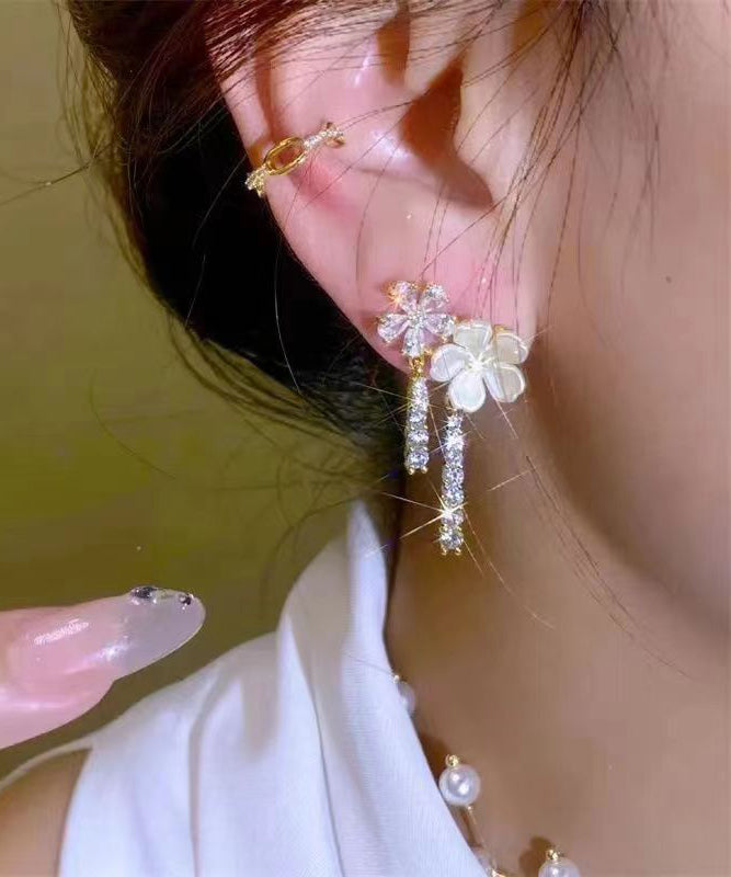 White Sterling Silver Overgild Zircon Pearl Drop Earrings