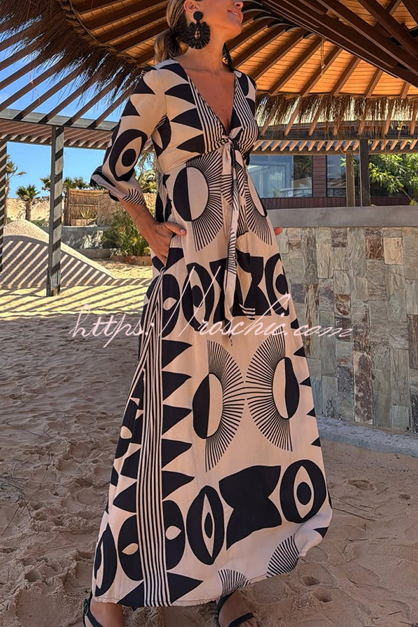 Unique Print V-neck Tie Loose Pocket Maxi Dress