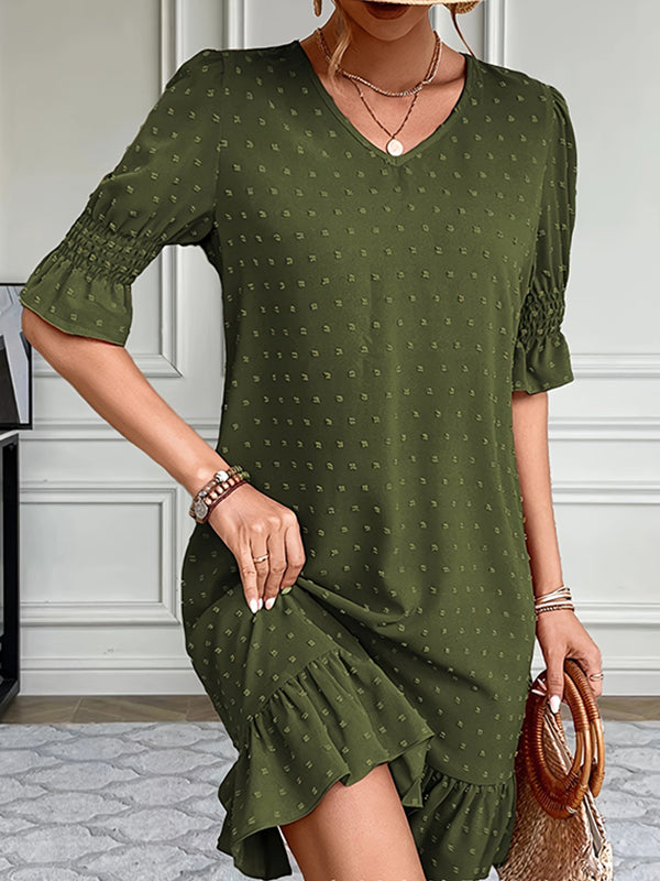 A-line Flared Sleeves Elasticity Jacquard Pleated Color Split-joint V-neck Mini Dresses