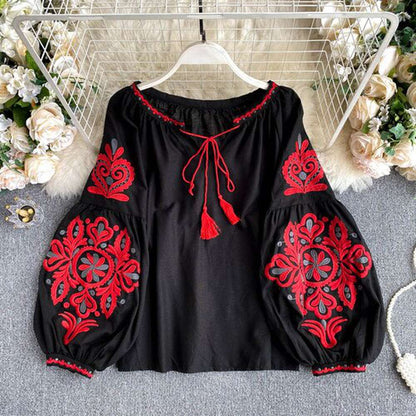 Retro White V-neck Lace-up Tassel Embroidered Lantern Sleeve Blouse