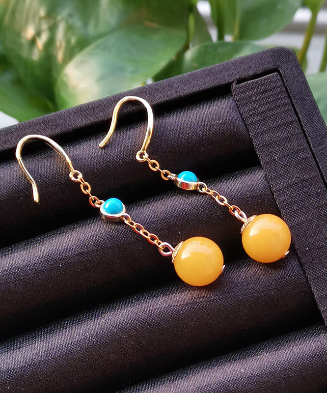 Yellow Sterling Silver Inlaid Beeswax Turquoise Drop Earrings