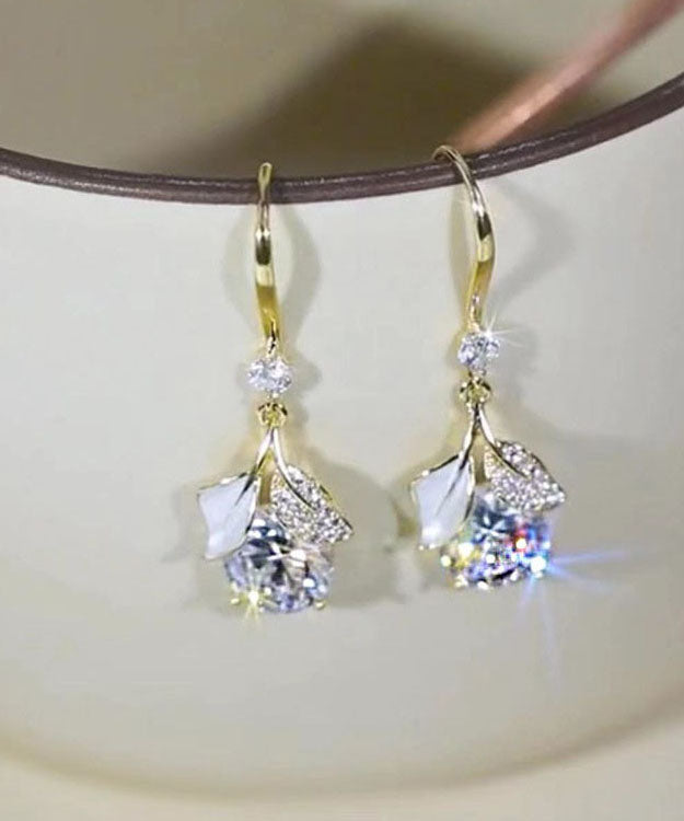 White Sterling Silver Overgild Zircon Leaves Drop Earrings