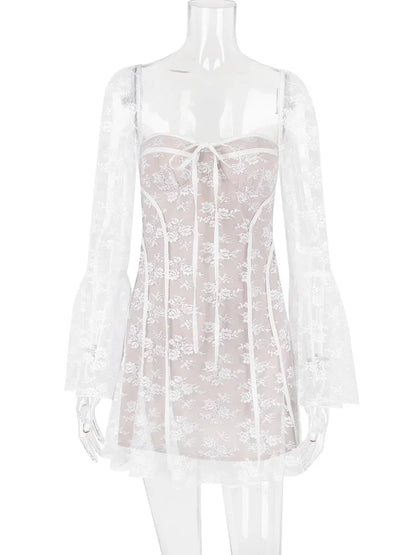 Lace Printed Lace-up Mini Dress Female Ruffled Square Collar Slim See-through Dress for Bandage Dress