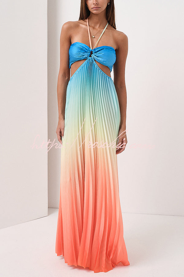 Get Ready Gradient Print Cutout Halterneck Pleated Maxi Dress