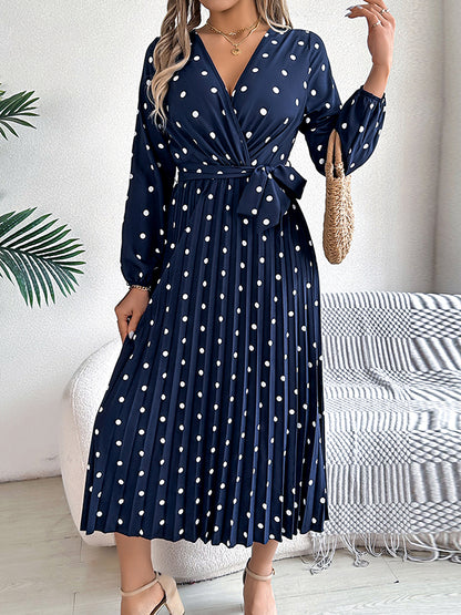 A-line High Waisted Elasticity Pleated Polka-dot Split-joint Tied Waist V-neck Midi Dresses Shirt Dress