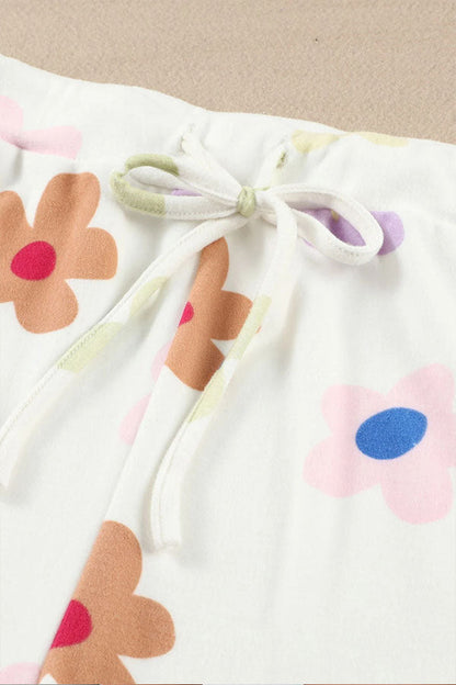 White Print Henley Top \u0026 Drawstring Shorts Loungewear Set