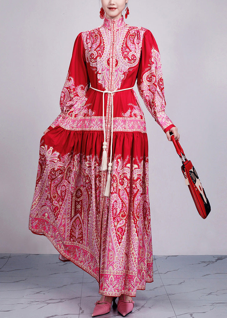 New Red Print Tie Waist Cotton Long Dresses Long Sleeve Ar1035