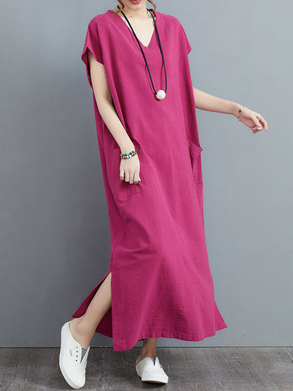 Simple Ramie Cotton Color Split-side With Pocket V-neck Short Sleeves Maxi Dress