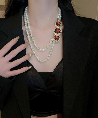 Red Alloy Zircon Bilayer Pearl Gratuated Bead Necklace