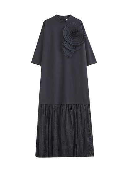 Long Sleeves Loose Color Split-joint Three-dimensional Flower Mock Neck Maxi Dresses